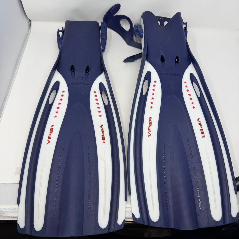 Oceanic Viper Scuba Diving Snorkeling Fins Blue White Open Heel Adjustable 22in